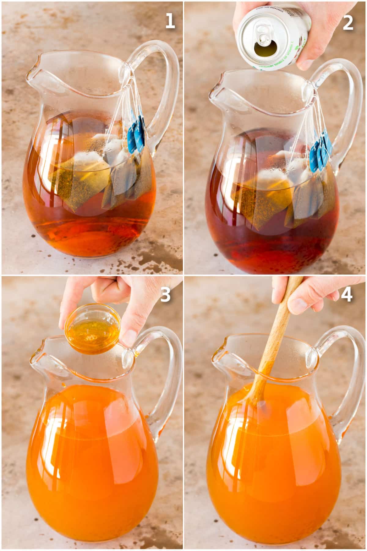 Step by step process shots showing how to make mango iced tea.