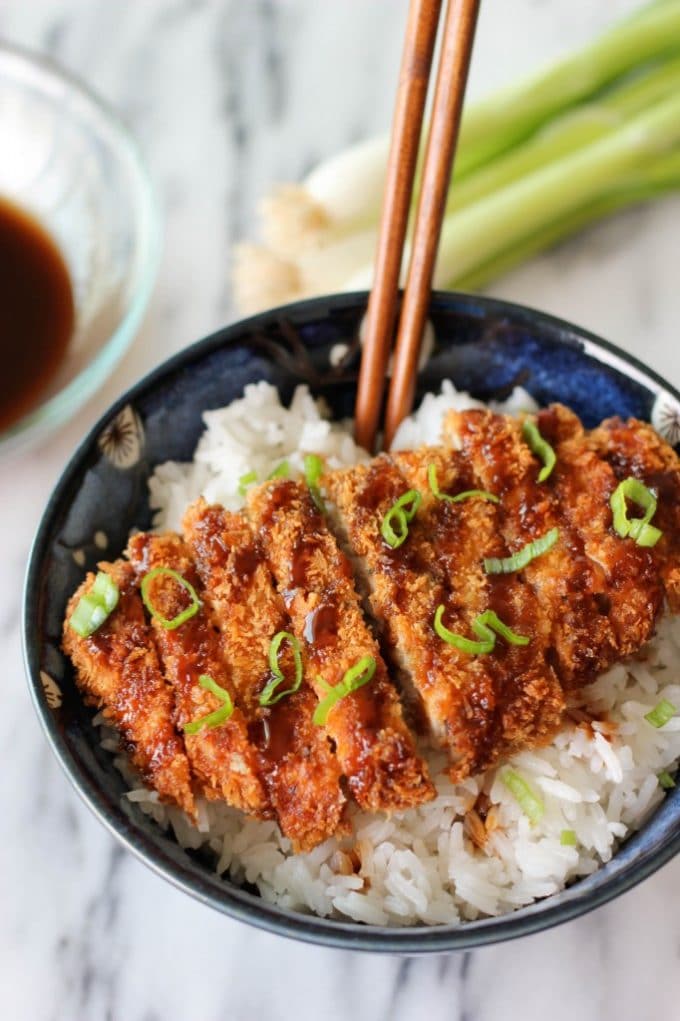 Tonkatsu pork chops over rice.