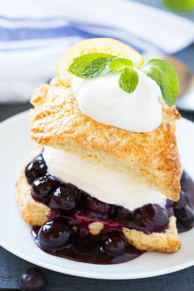 A blueberry shortcake with homemade blueberry sauce and vanilla ice cream.