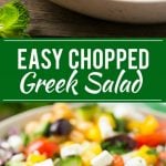 This recipe for chopped greek salad is a variety of fresh vegetables with chickpeas, creamy feta cheese and olives, all tossed in a greek lemon and herb vinaigrette.