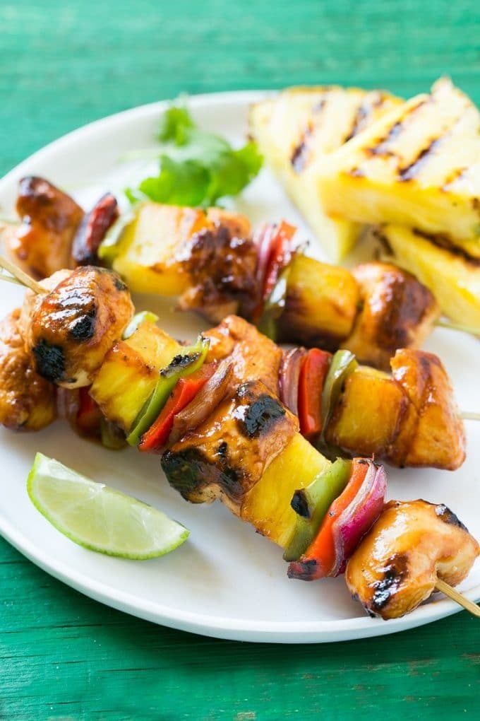 Sweet and savory chicken skewers with pineapple and vegetables.