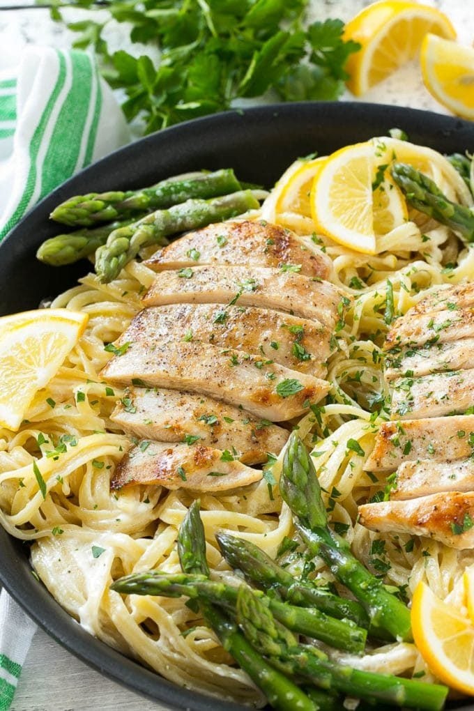 Lemon asparagus pasta in a creamy sauce topped with grilled chicken.