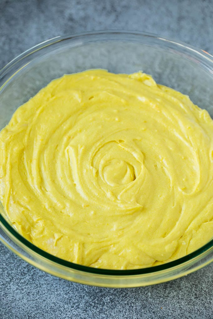 Lemon cake batter in a bowl.