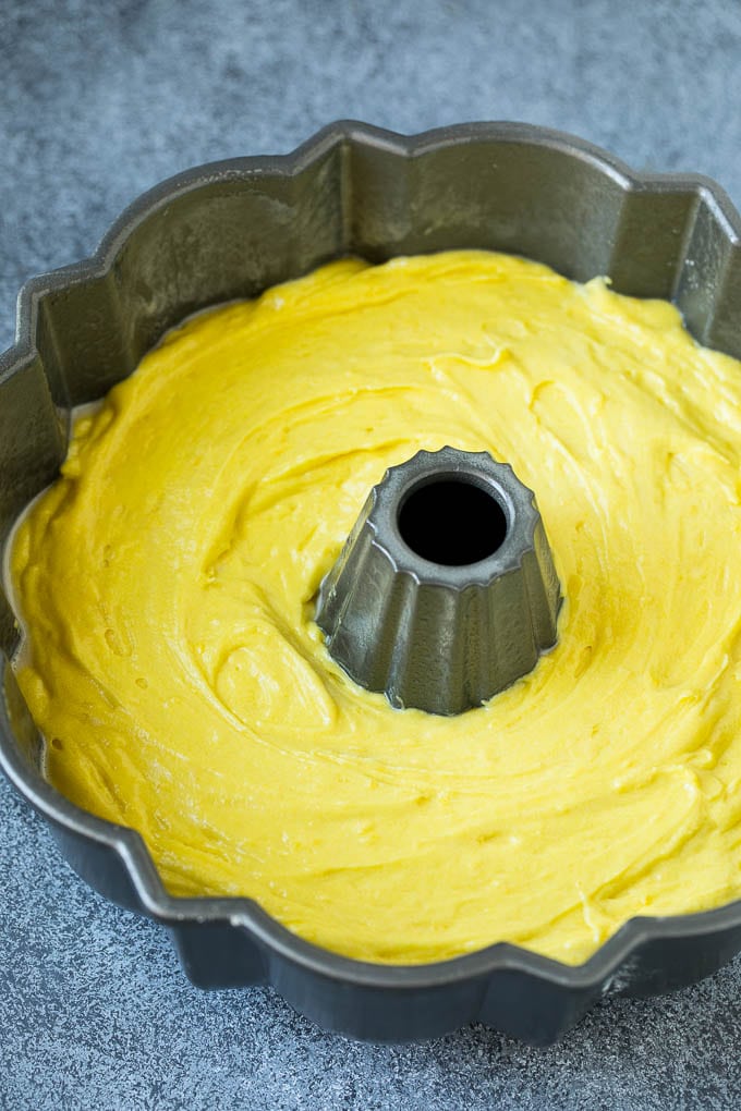 Lemon cake batter in a bundt pan.