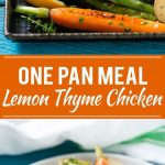 This recipe for lemon thyme chicken is a one pan meal of tender chicken thighs, new potatoes and spring vegetables, all seasoned with a sweet and savory butter and roasted to perfection. #CHHoneyGranules #ad