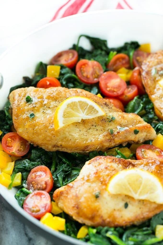 Pan seared chicken breast served with spinach and tomatoes.