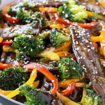 This recipe for teriyaki beef stir fry is tender slices of beef sauteed with a variety of colorful vegetables, all coated in a quick and easy homemade teriyaki sauce.