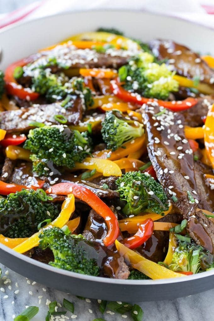 Teriyaki beef stir fry with sliced beef, homemade sauce, vegetables and sesame seeds.