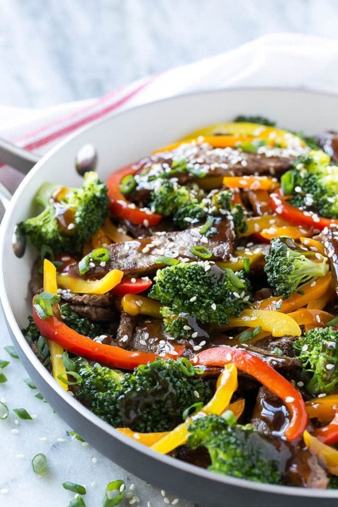 Beef teriyaki coated in homemade sauce with broccoli and sliced bell peppers.