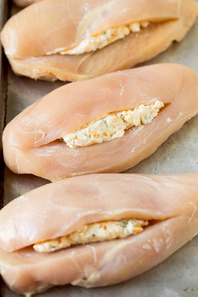 Chicken breasts stuffed with three types of cheese, herbs and spices.