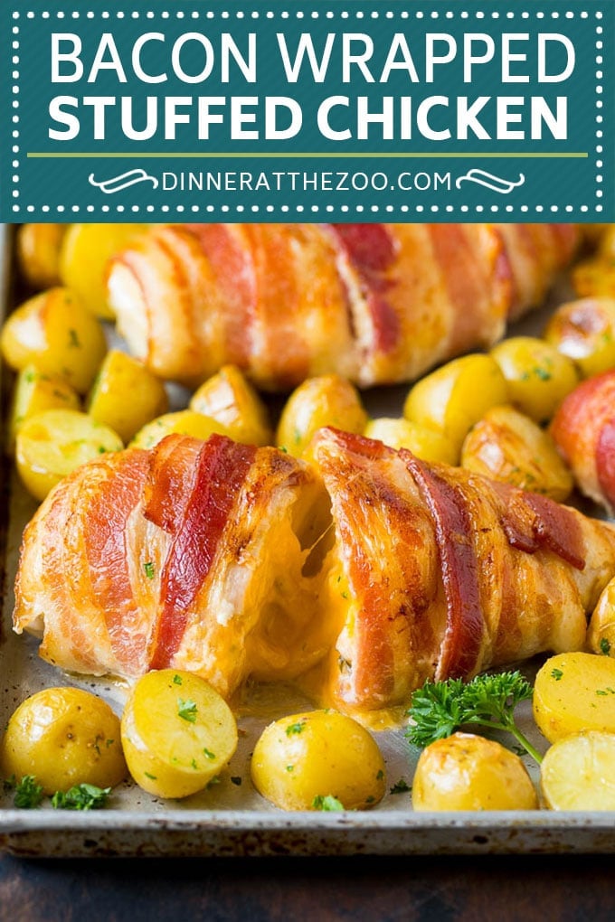 Bacon Wrapped Stuffed Chicken Breast Recipe | Sheet Pan Chicken #chicken #dinner #onepan #bacon #potatoes #dinneratthezoo