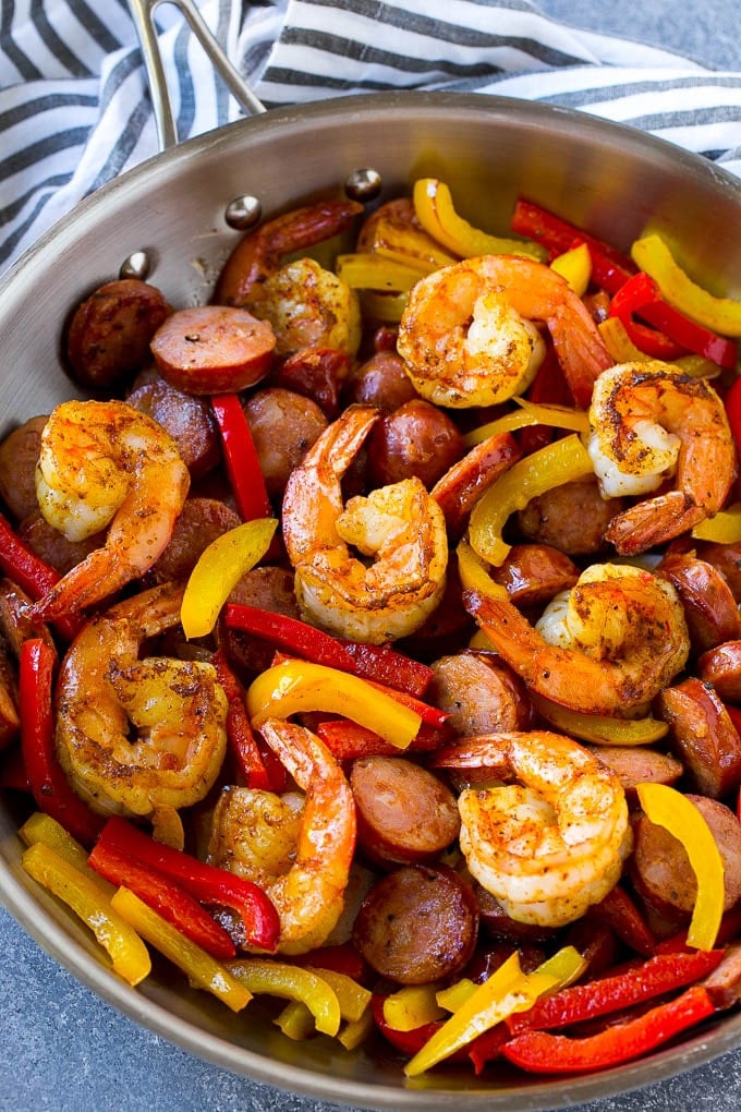 Cajun pasta is loaded with shrimp, sausage and vegetables.