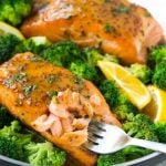 This recipe for honey mustard salmon is seared salmon fillets coated in a sweet and tangy honey mustard sauce. Add broccoli to make a one pot meal!