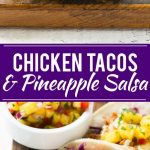 This recipe for pulled chicken tacos with pineapple salsa is flavorful shredded chicken combined topped with sweet and tangy salsa and creamy cilantro sauce, all stuffed inside warm corn tortillas.