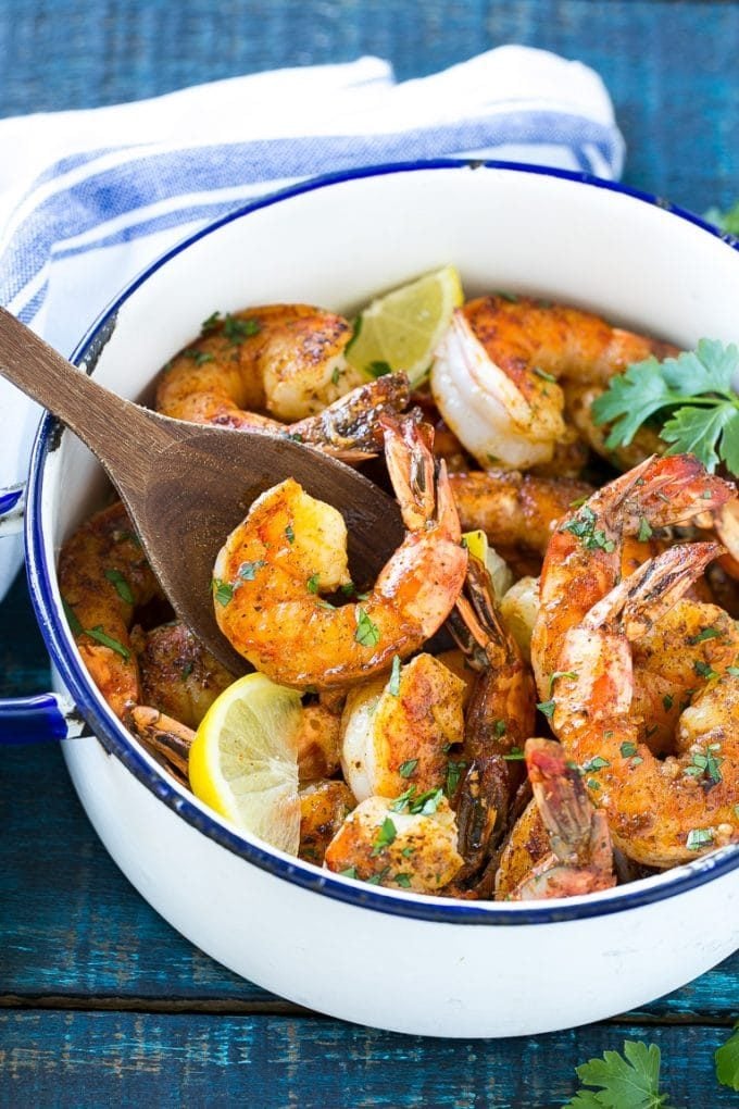 BBQ shrimp in a spiced butter sauce in a pot.