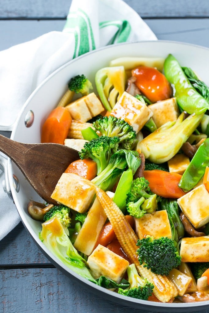 A skillet of Buddha's delight made with cubed tofu and an assortment of fresh vegetables.