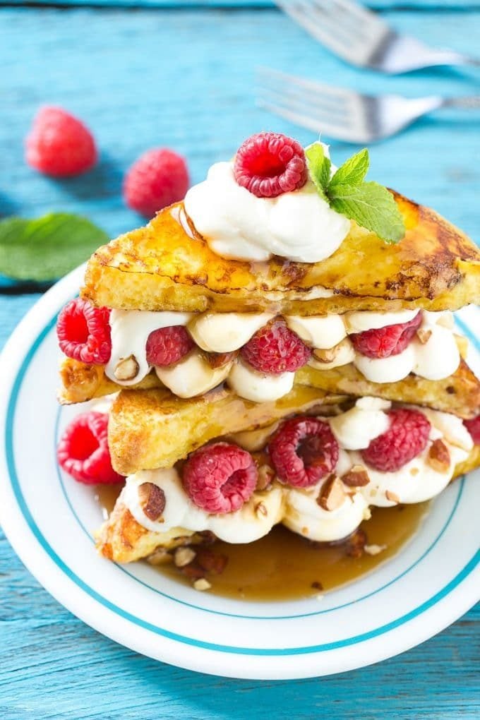 Stuffed french toast with a cream cheese, berry and almond filling.