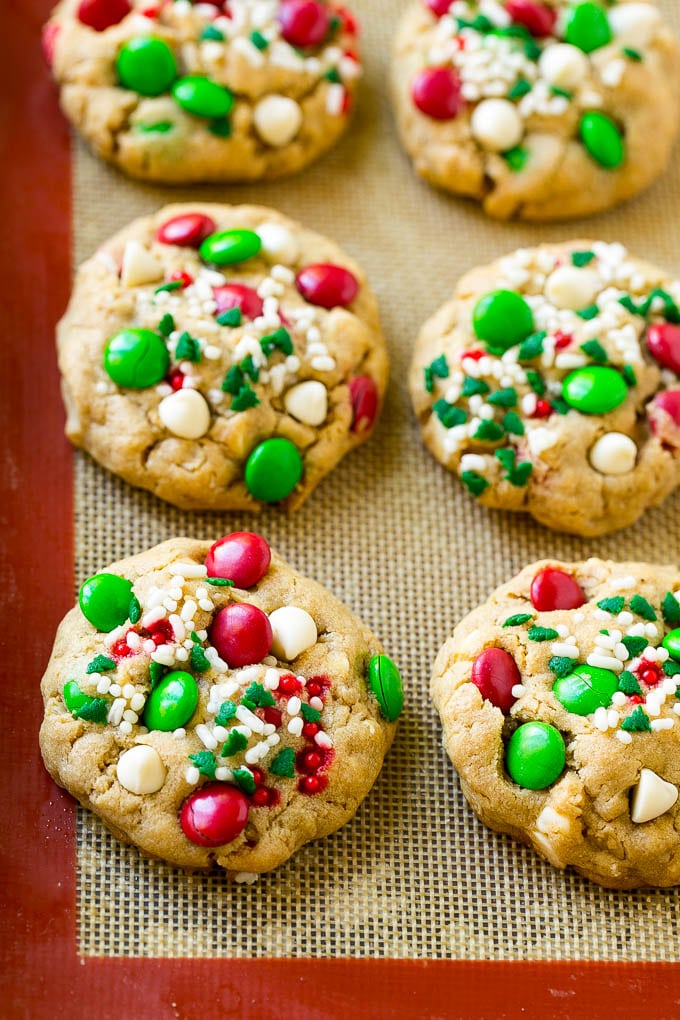 Baked Christmas cookies on a sheet pan.