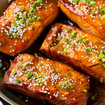 Salmon fillets covered in a homemade teriyaki sauce.