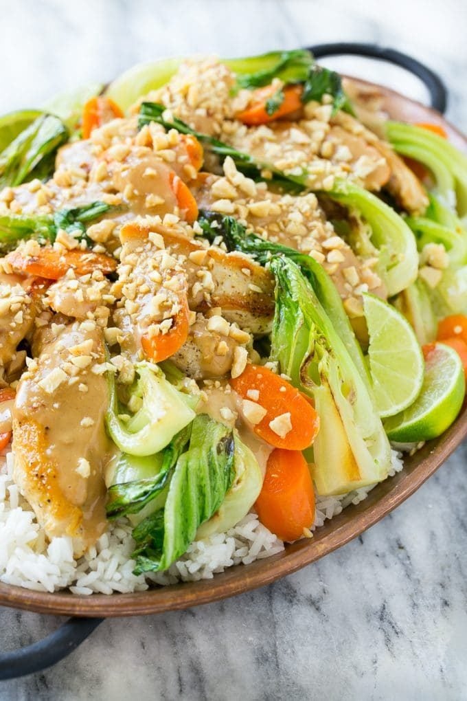 Chicken and vegetables coated in homemade peanut sauce.