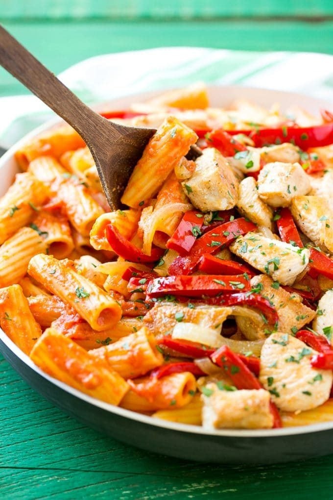 Spicy chicken rigatoni in a creamy tomato sauce.