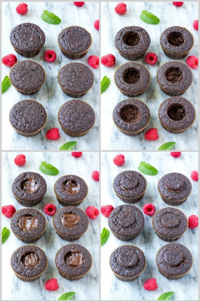 Chocolate cupcakes being hollowed out and stuffed with filling.