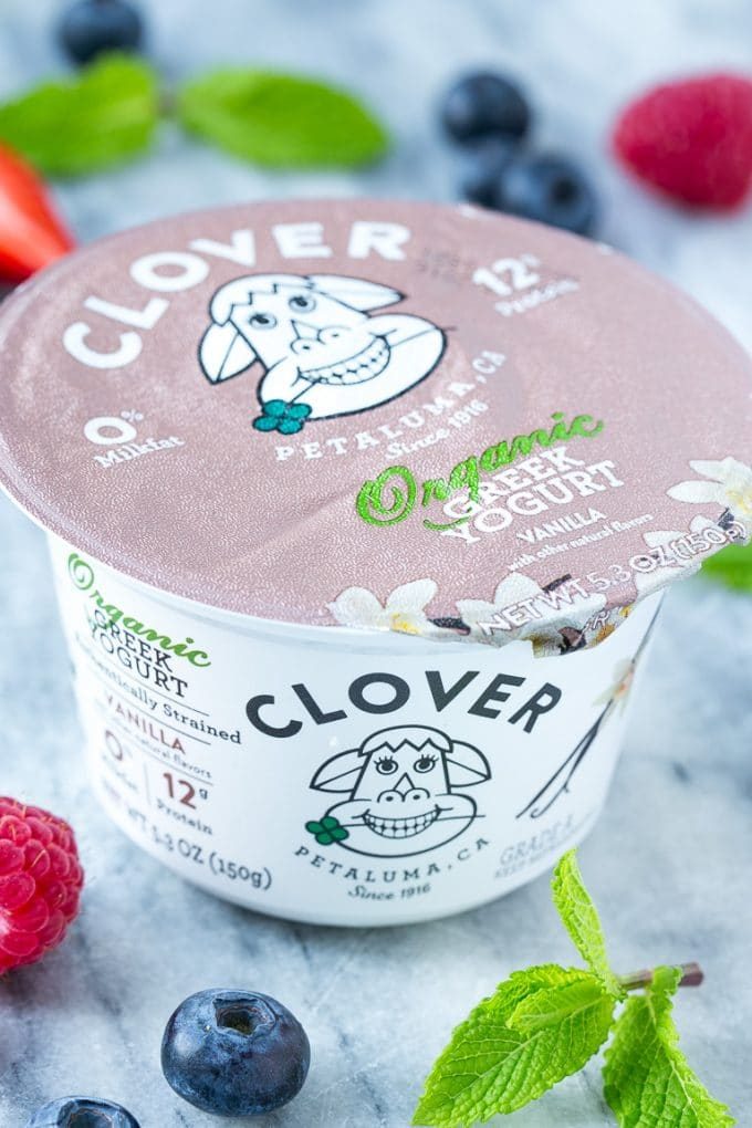 A cup of Clover brand Greek yogurt.
