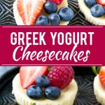 This recipe for Greek yogurt cheesecakes is mini cheesecakes that have been lightened up with Greek yogurt and topped with fresh berries. A quick and easy sweet treat! #CloverGreekYogurt ad