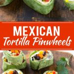 This recipe for Mexican tortilla pinwheels is two types of cheese, black beans and colorful veggies all rolled up inside tortillas and cut into rounds. The perfect make-ahead snack or appetizer!