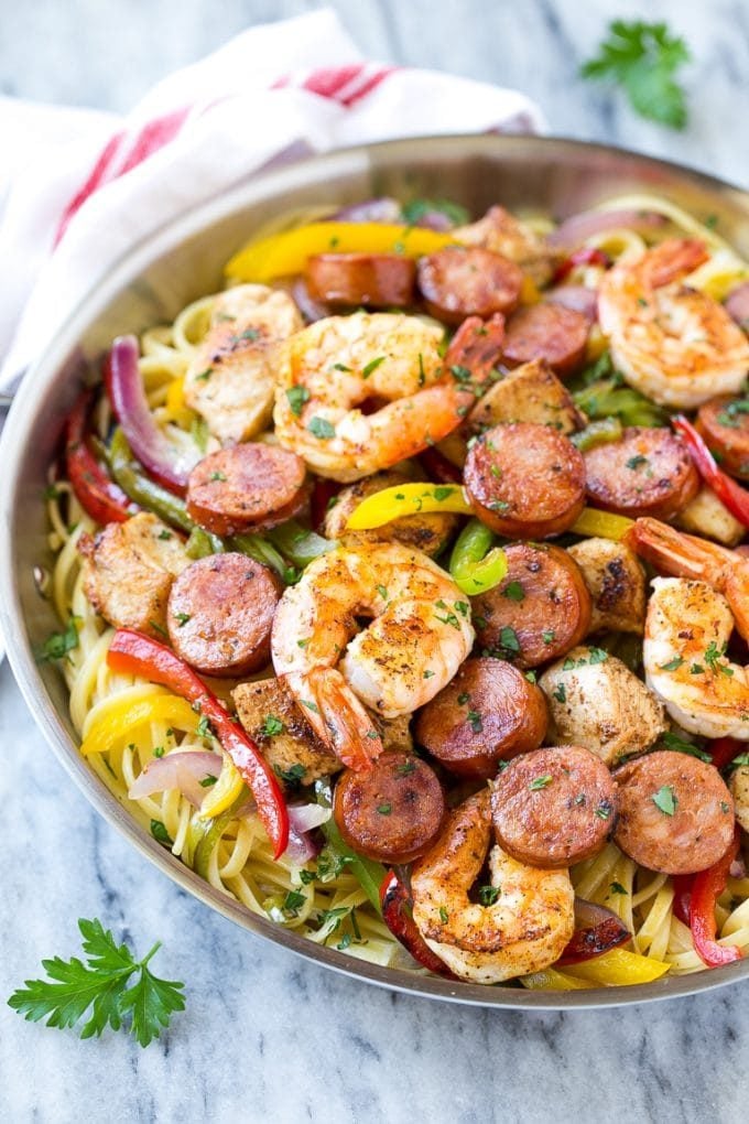 Creamy cajun pasta with shrimp, sausage, chicken and bell peppers.