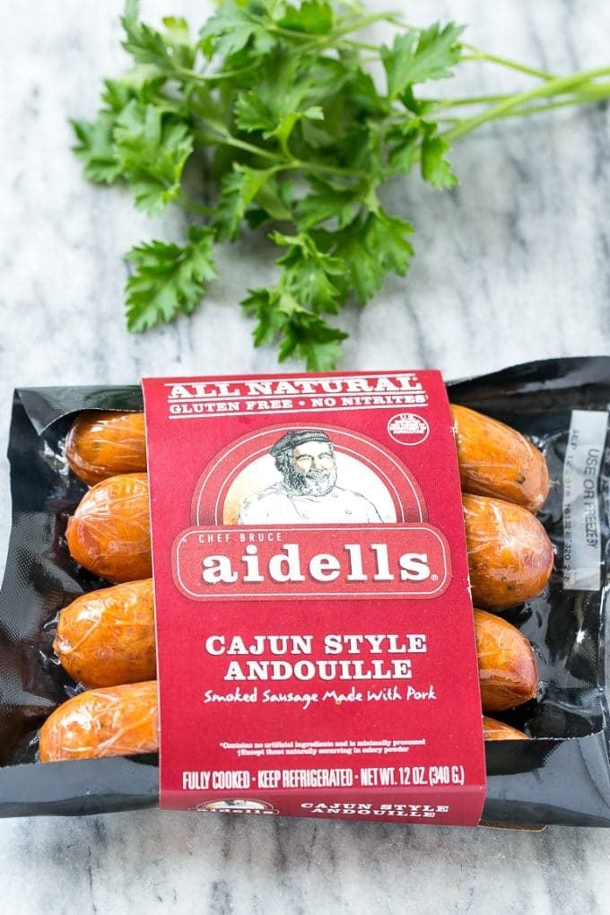 A package of Aidells smoked andouille sausage.