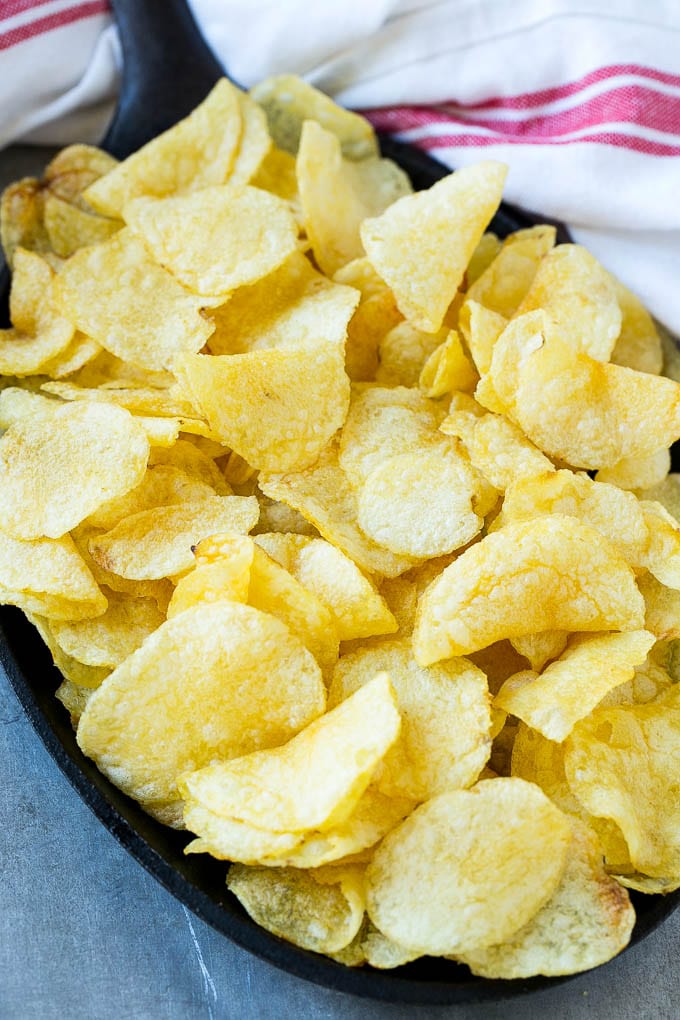 Kettle chips in a skillet.