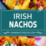 An image of Irish nachos made with potato chips, cheese and toppings.