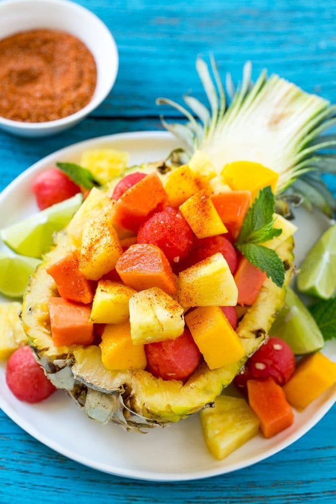 Mexican fruit salad with pineapple, mango, papaya and watermelon.