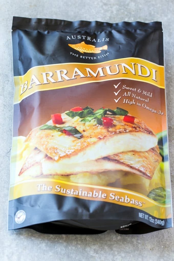 A bag of frozen Australis Barramundi fish.