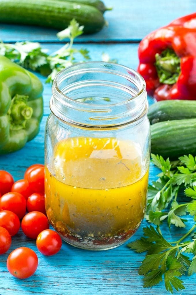 Homemade Italian dressing in a jar.