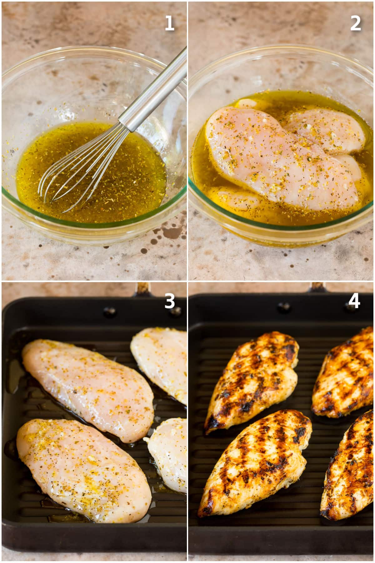 Step by step shots showing how to marinate and grill chicken.