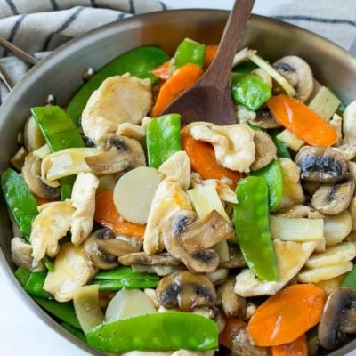 This recipe for moo goo gai pan is a classic dish of chicken and vegetables stir fried with a savory sauce. Plus secret tips on how to make your stir fries taste like they came from a restaurant!