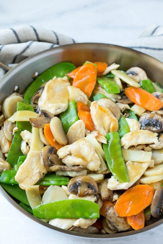 This recipe for moo goo gai pan is a classic dish of chicken and vegetables stir fried with a savory sauce. Plus secret tips on how to make your stir fries taste like they came from a restaurant!