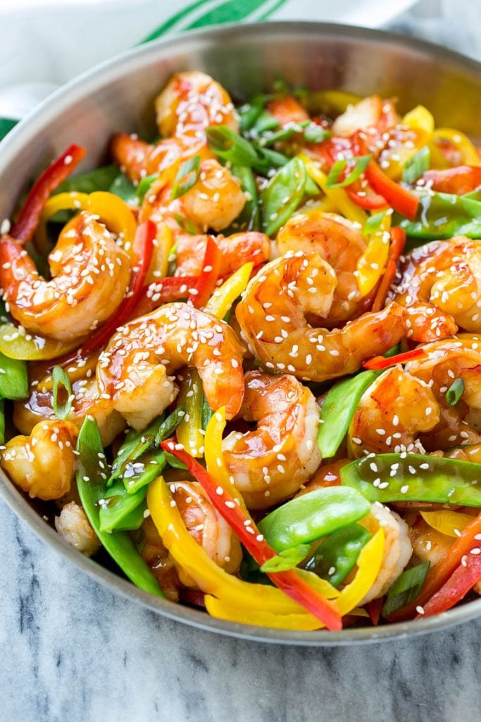 Teriyaki shrimp stir fry with shrimp, snow peas and peppers in a homemade sauce.