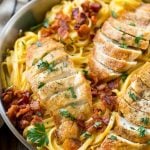 This recipe for butternut squash pasta is linguine in a creamy butternut squash sauce, topped with chicken, bacon and herbs. An easy and delicious dinner that's perfect for fall! #FamilyPastaTime #ad