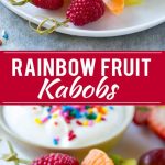 This recipe for fruit kabobs is a rainbow of fruit served on skewers with a yogurt dipping sauce.