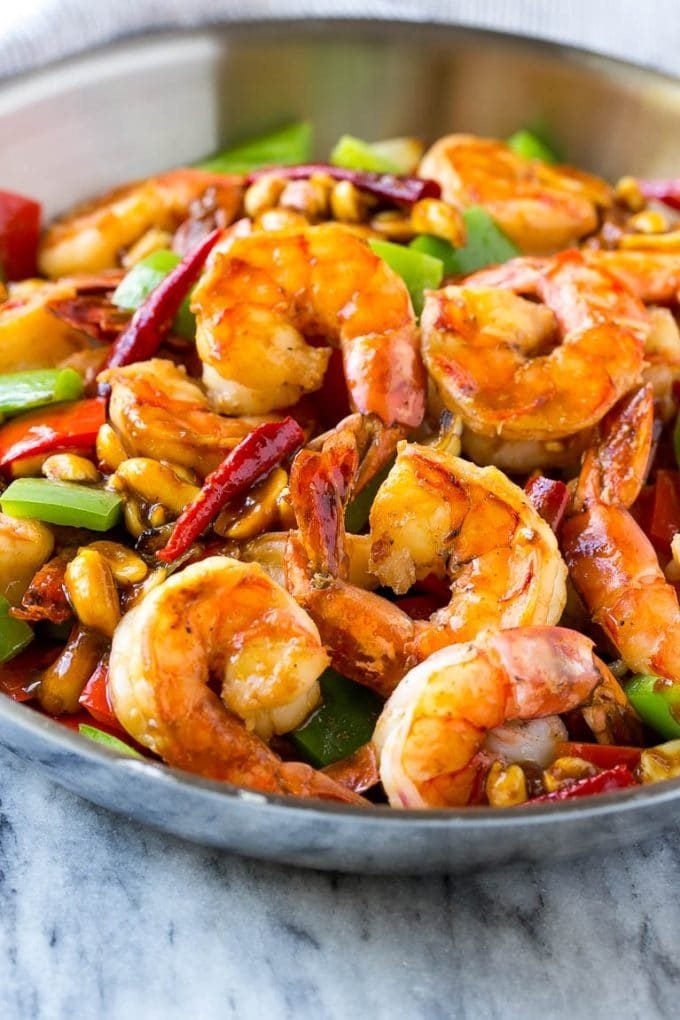 Kung Pao shrimp with bell peppers, peanuts and chilies.