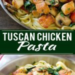 This recipe for Tuscan chicken pasta is creamy pasta topped with seared chicken, tomatoes, kale and mushrooms. An easy and hearty dinner that's ready in no time!