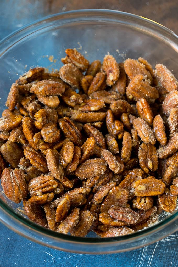 Pecans coated in egg white and sugar.