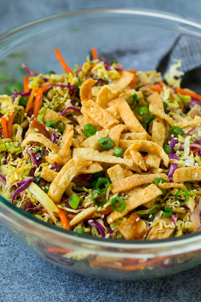 Chinese chicken salad with cabbage, carrots and crispy wonton strips.