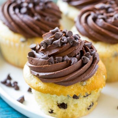This recipe for chocolate chip cupcakes is tender white cake studded with plenty of chocolate, topped with chocolate frosting and more chocolate chips. The perfect treat for any celebration!
