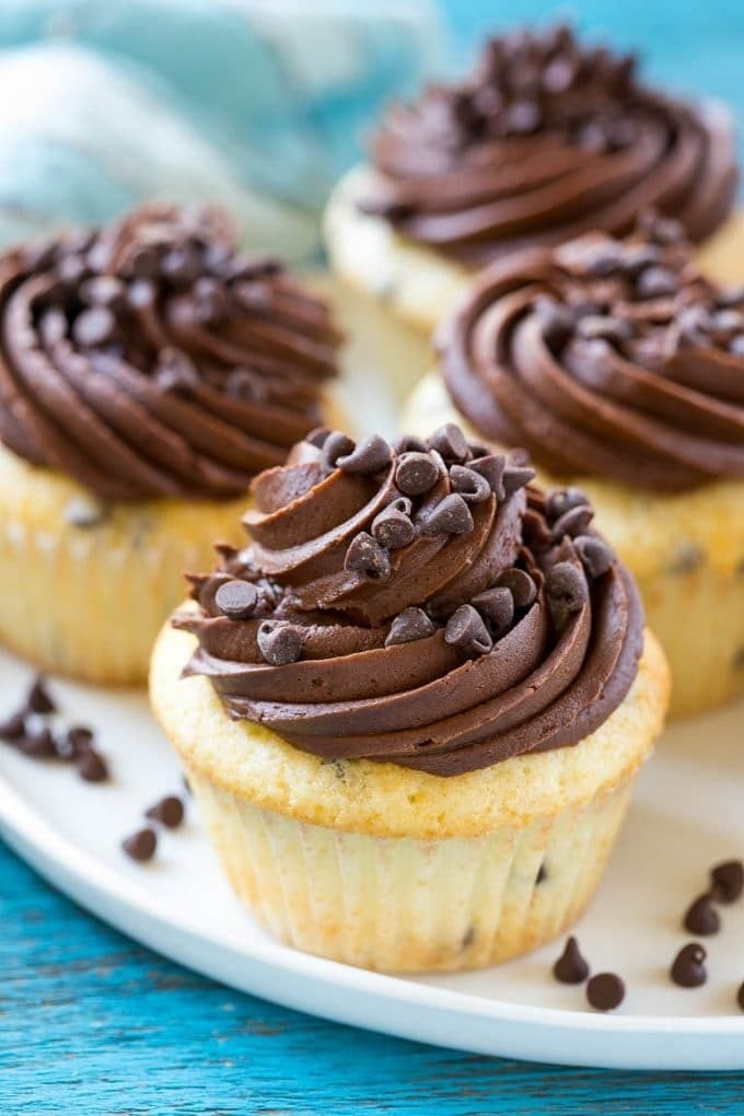 Chocolate chip cupcakes with vanilla cake and a swirl of chocolate frosting.