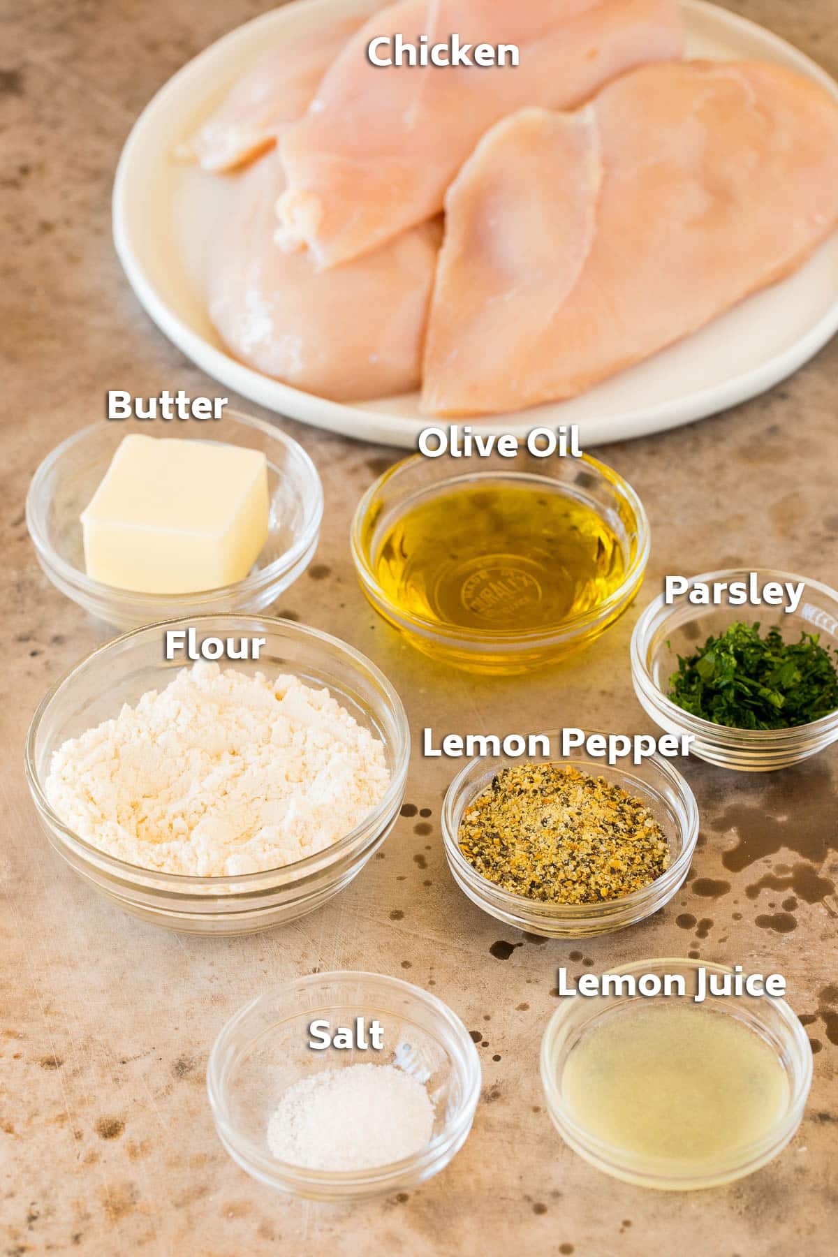 Ingredients including chicken, flour, butter and seasonings.