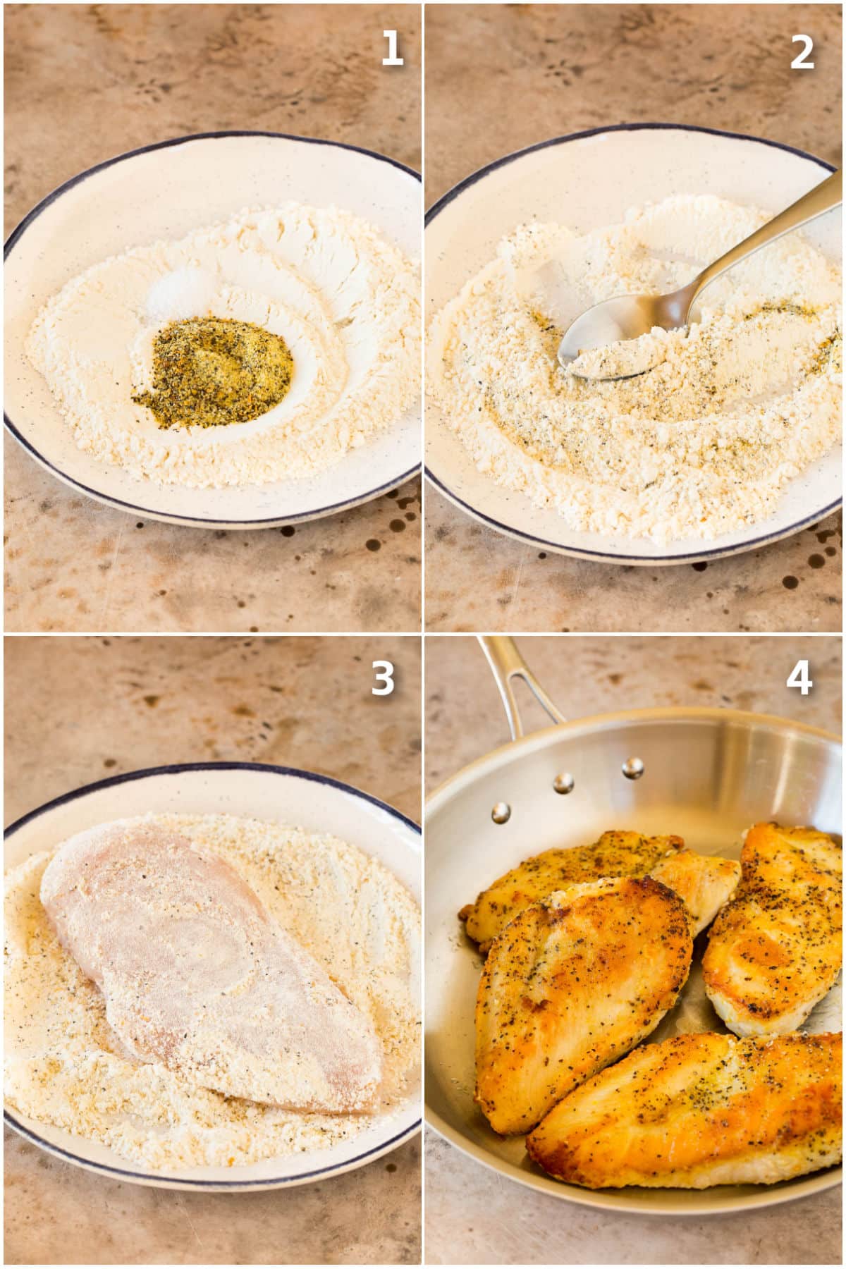 Step by step process shots showing how to make lemon pepper chicken.